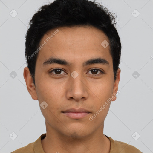 Neutral asian young-adult male with short  black hair and brown eyes