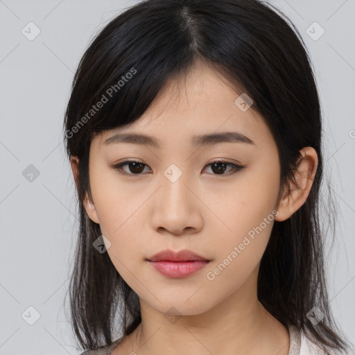 Neutral asian young-adult female with medium  black hair and brown eyes