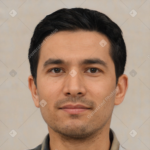 Neutral asian young-adult male with short  black hair and brown eyes