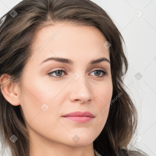 Neutral white young-adult female with medium  brown hair and brown eyes