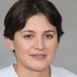 Joyful white adult female with medium  brown hair and brown eyes