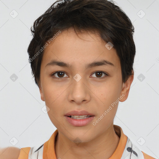 Neutral white young-adult female with short  brown hair and brown eyes