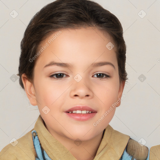 Joyful white child female with medium  brown hair and brown eyes