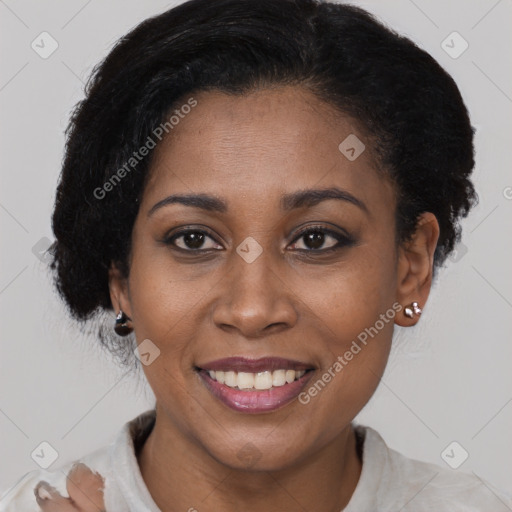 Joyful latino young-adult female with short  brown hair and brown eyes