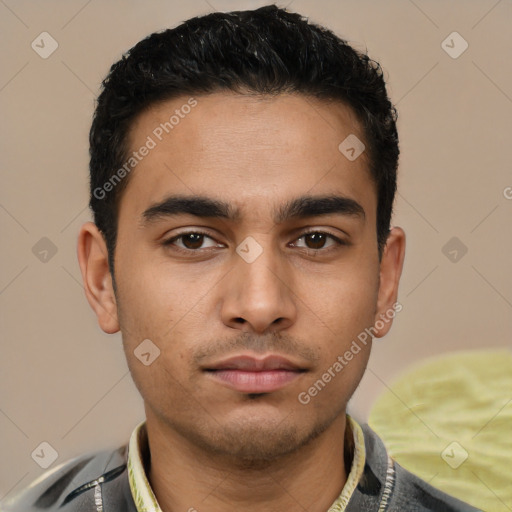 Neutral latino young-adult male with short  black hair and brown eyes