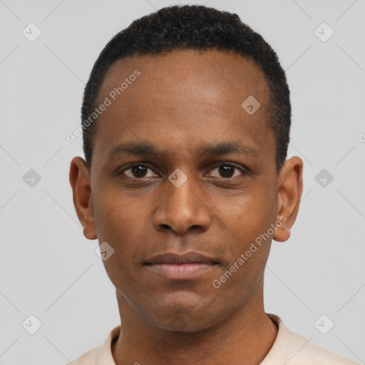 Neutral black young-adult male with short  black hair and brown eyes