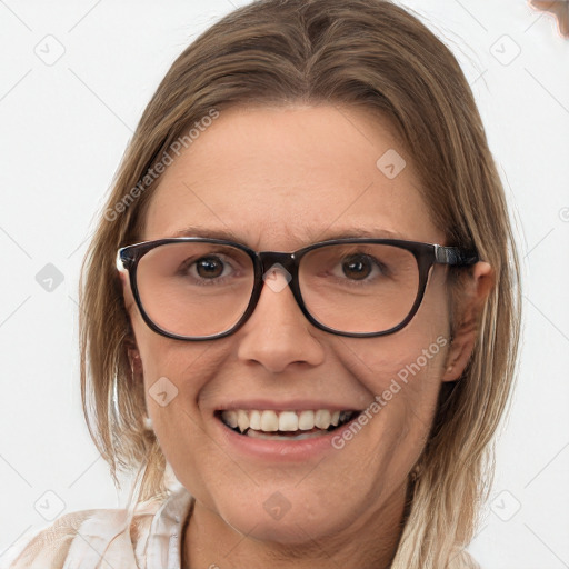 Joyful white young-adult female with medium  brown hair and brown eyes