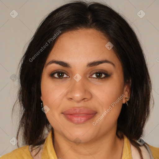 Joyful latino young-adult female with medium  brown hair and brown eyes