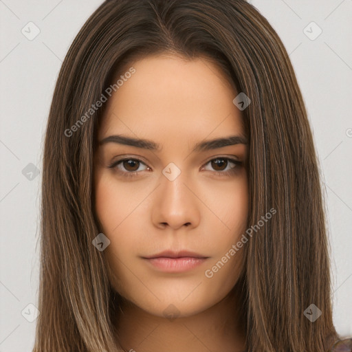 Neutral white young-adult female with long  brown hair and brown eyes