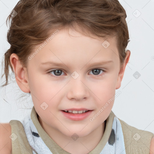 Joyful white child female with short  brown hair and brown eyes