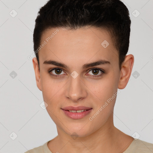 Joyful white young-adult female with short  brown hair and brown eyes