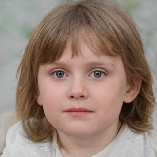 Neutral white child female with medium  brown hair and grey eyes