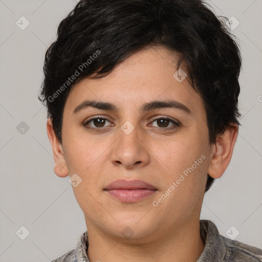 Joyful white young-adult female with short  brown hair and brown eyes