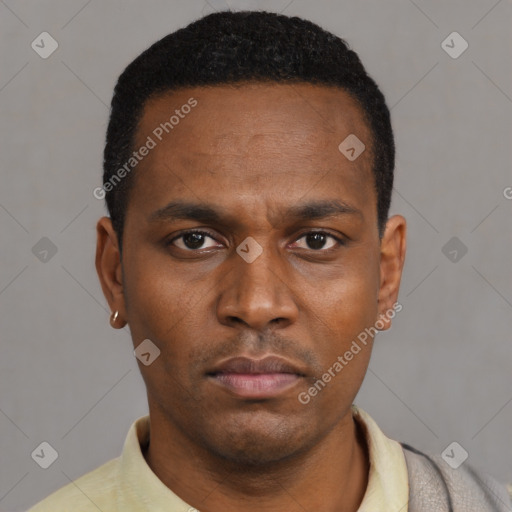Neutral black young-adult male with short  black hair and brown eyes
