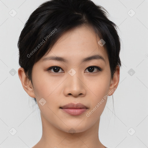 Neutral asian young-adult female with medium  black hair and brown eyes