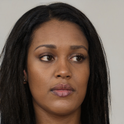 Neutral asian young-adult female with long  brown hair and brown eyes