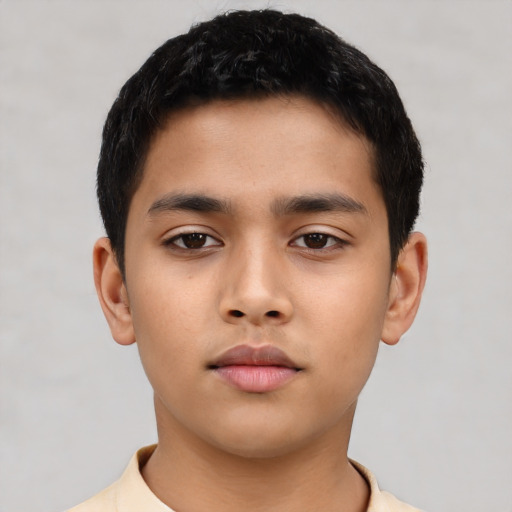 Neutral asian child male with short  black hair and brown eyes