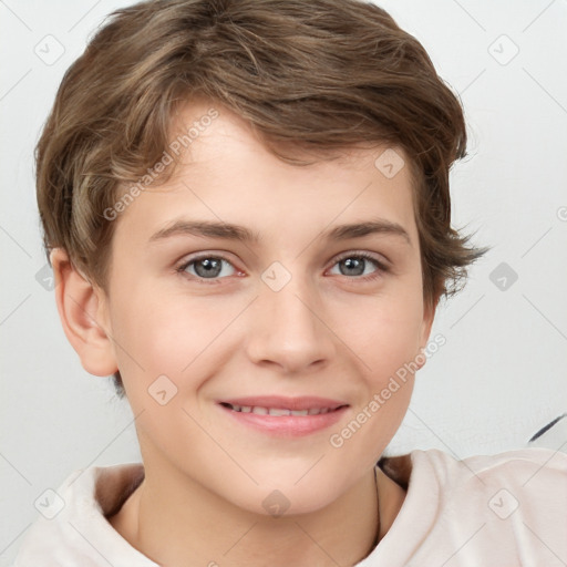 Joyful white child female with short  brown hair and brown eyes