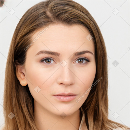 Neutral white young-adult female with long  brown hair and brown eyes