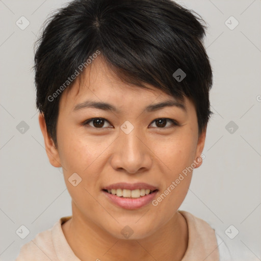 Joyful asian young-adult female with short  brown hair and brown eyes