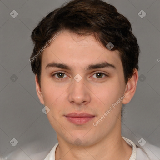 Neutral white young-adult male with short  brown hair and brown eyes