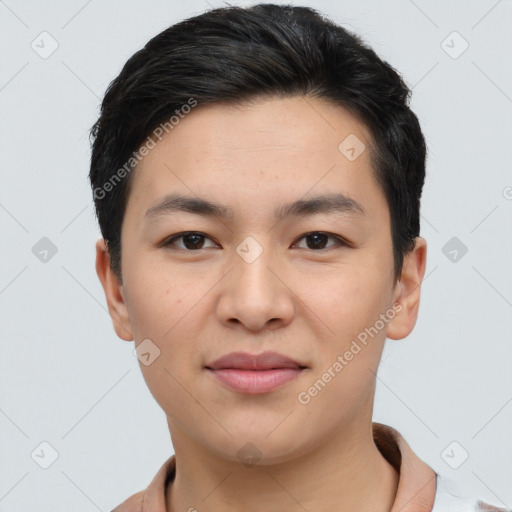 Joyful white young-adult male with short  black hair and brown eyes