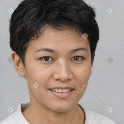 Joyful white young-adult female with short  brown hair and brown eyes
