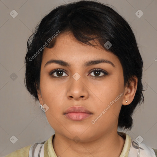 Neutral latino young-adult female with medium  brown hair and brown eyes