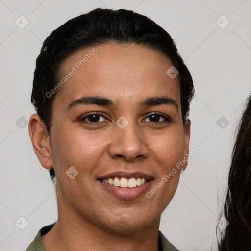 Joyful latino young-adult female with short  black hair and brown eyes