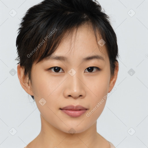 Neutral asian young-adult female with short  brown hair and brown eyes