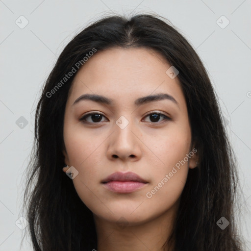 Neutral asian young-adult female with long  brown hair and brown eyes