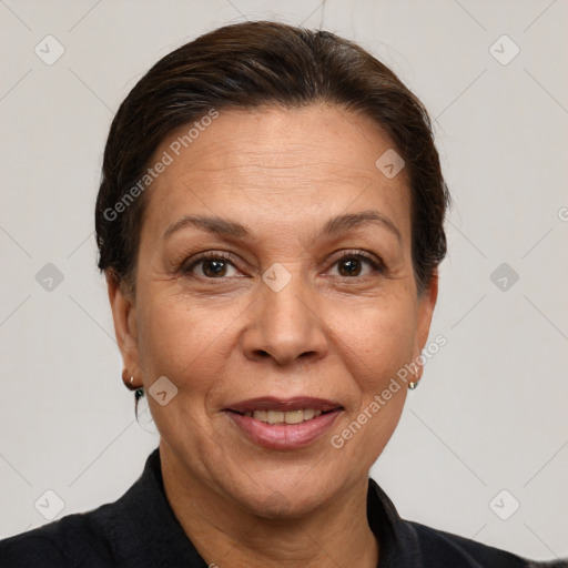 Joyful white adult female with short  brown hair and brown eyes