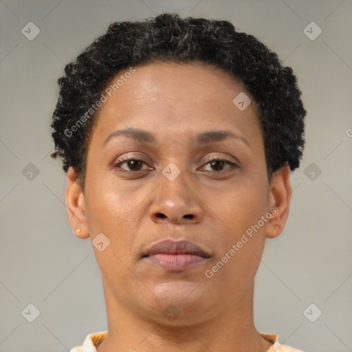 Neutral black adult female with short  brown hair and brown eyes