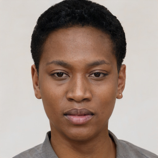 Neutral black young-adult female with short  black hair and brown eyes