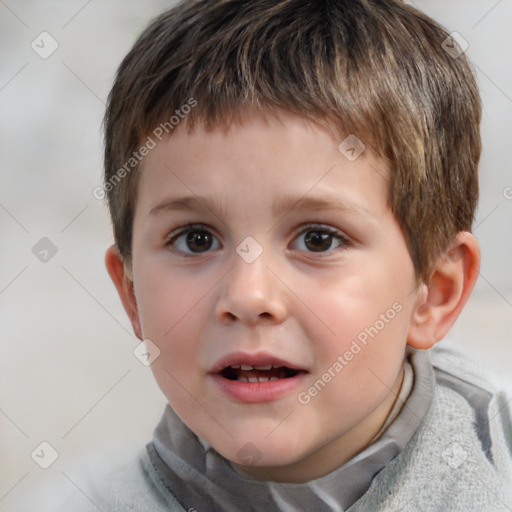 Joyful white child male with short  brown hair and brown eyes