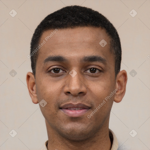 Neutral latino young-adult male with short  black hair and brown eyes