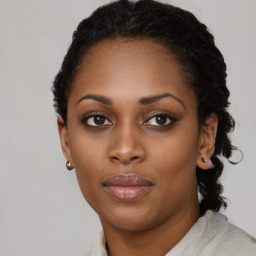 Neutral black young-adult female with short  black hair and brown eyes