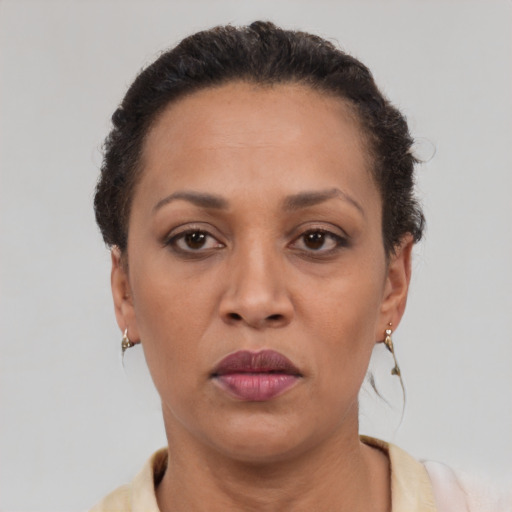 Neutral latino adult female with short  brown hair and brown eyes