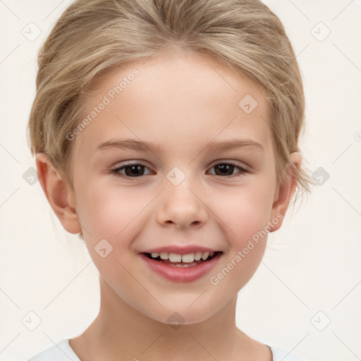 Joyful white child female with short  brown hair and brown eyes