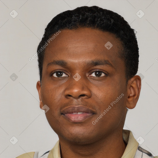 Neutral black young-adult male with short  black hair and brown eyes