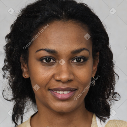 Joyful black young-adult female with medium  brown hair and brown eyes