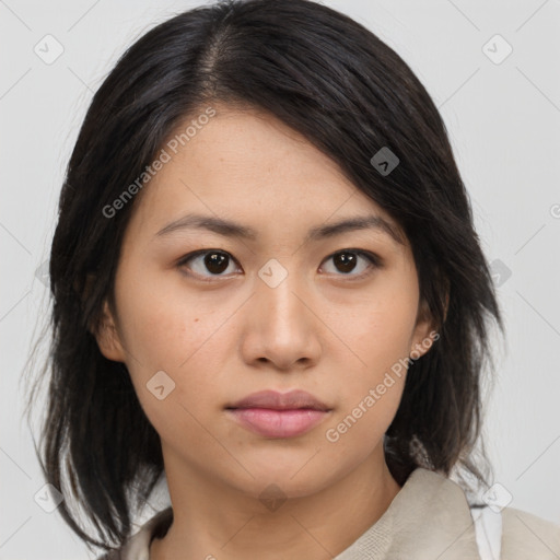 Neutral asian young-adult female with medium  black hair and brown eyes