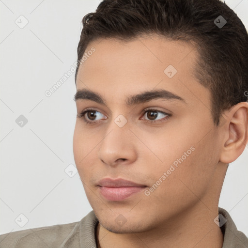 Neutral white young-adult male with short  brown hair and brown eyes