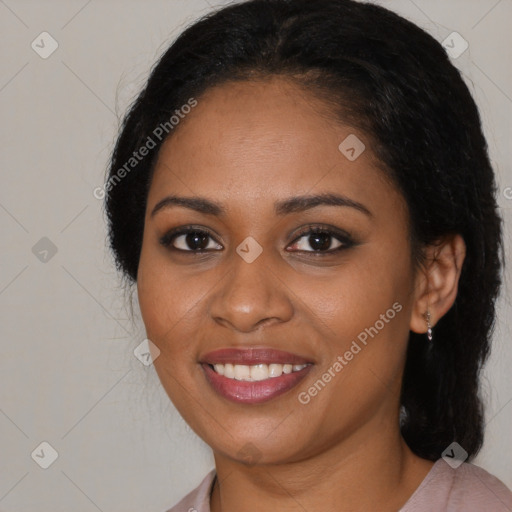 Joyful black young-adult female with medium  black hair and brown eyes