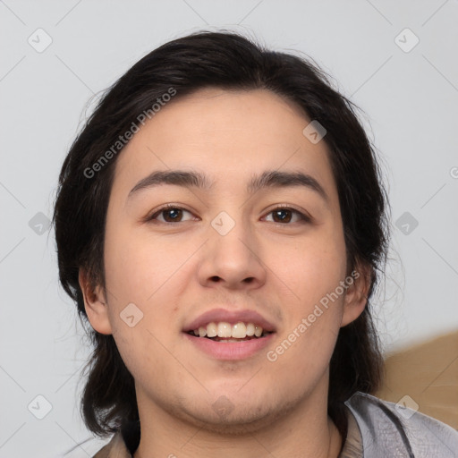 Joyful white young-adult female with medium  brown hair and brown eyes