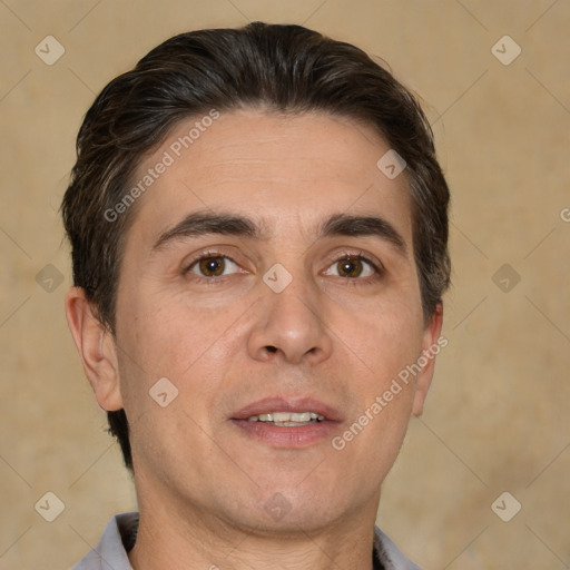 Neutral white adult male with short  brown hair and brown eyes