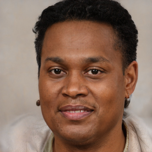 Joyful black young-adult male with short  brown hair and brown eyes