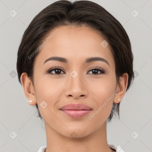 Joyful white young-adult female with medium  brown hair and brown eyes