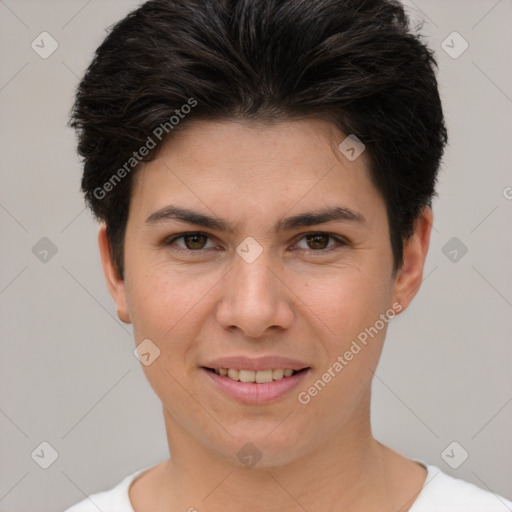 Joyful white young-adult female with short  brown hair and brown eyes