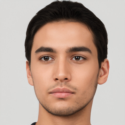 Neutral latino young-adult male with short  black hair and brown eyes